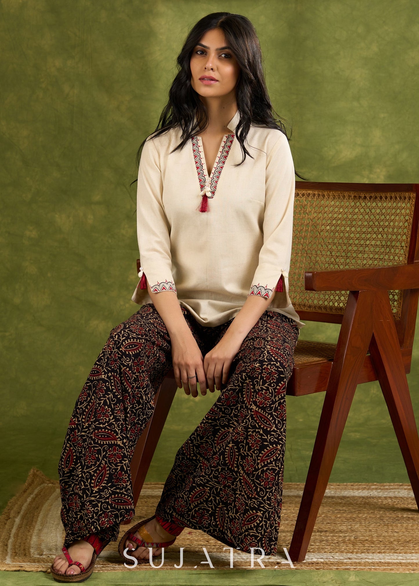 Beige Cotton Top With Exclusive Hand Painting - Pant Optional