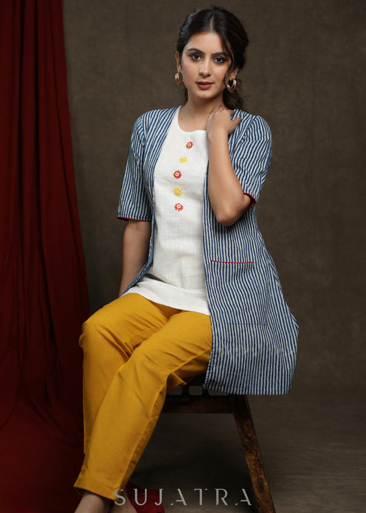 Trendy White Cotton embroiderd buttons tunic with indigo shrug - Pant Optinal