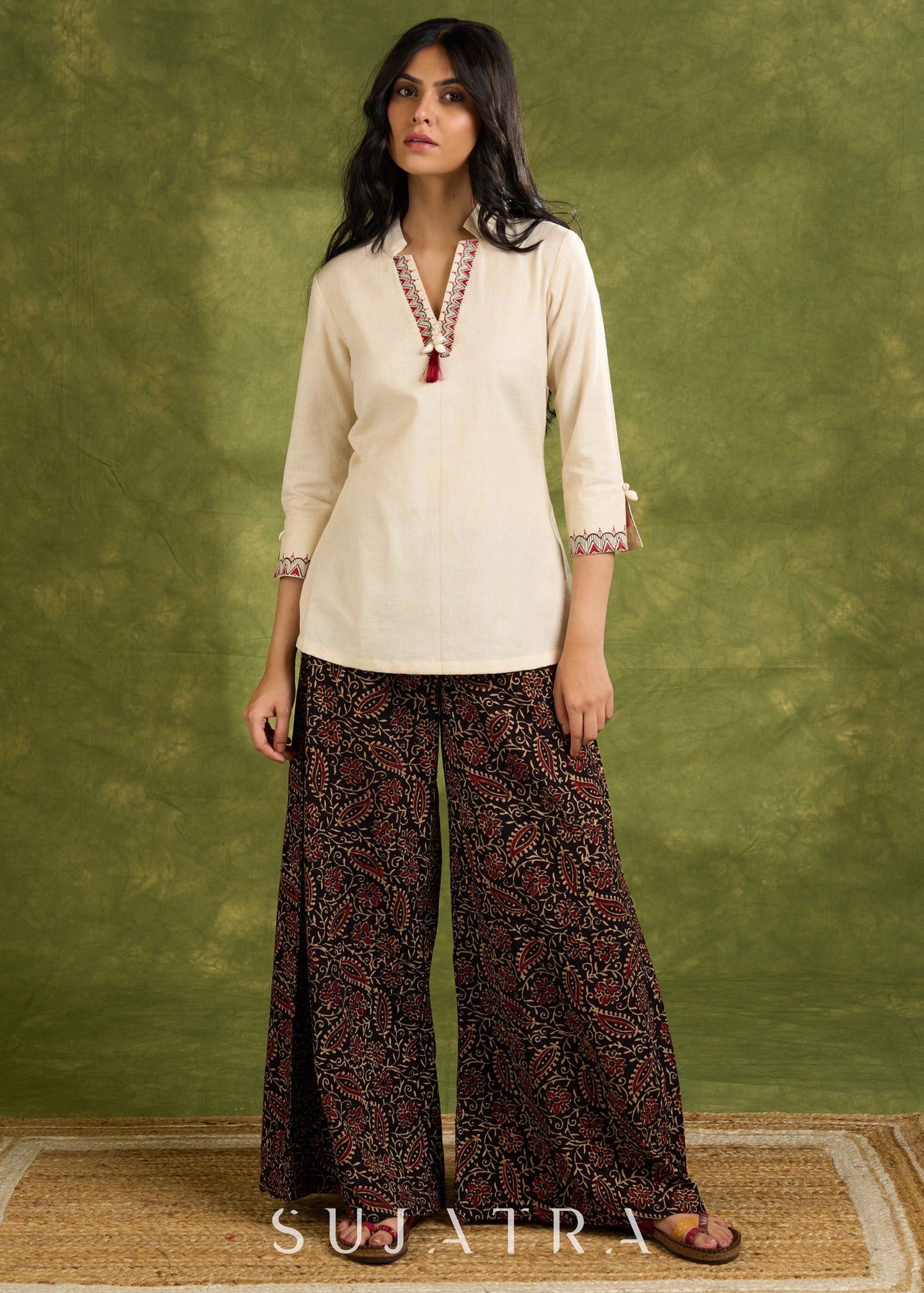 Beige Cotton Top With Exclusive Hand Painting - Pant Optional