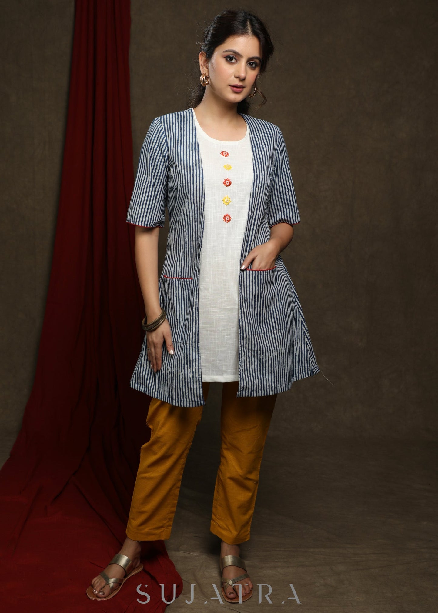 Trendy White Cotton embroiderd buttons tunic with indigo shrug - Pant Optinal