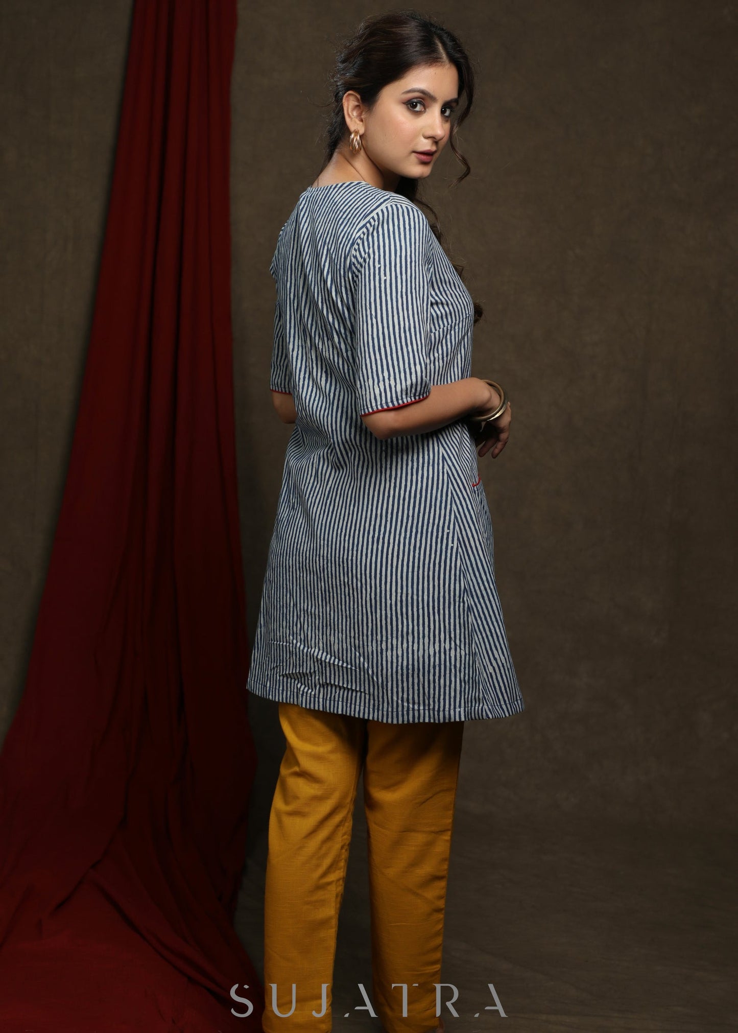 Trendy White Cotton embroiderd buttons tunic with indigo shrug - Pant Optinal