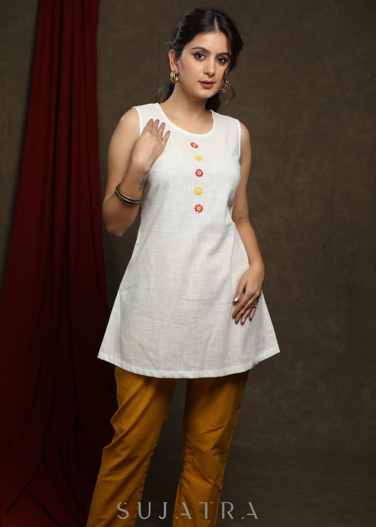 Trendy White Cotton embroiderd buttons tunic with indigo shrug - Pant Optinal