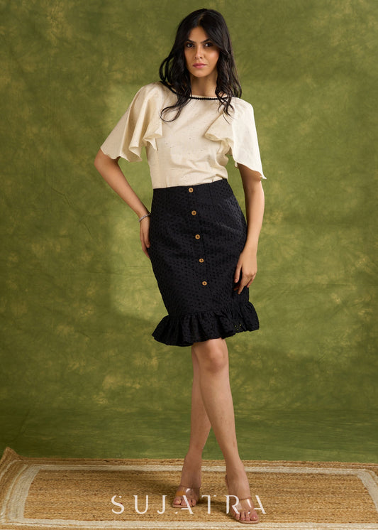 Textured Off White Cotton Top With Butterfly Sleeves  - Hakoba Skirt Optional