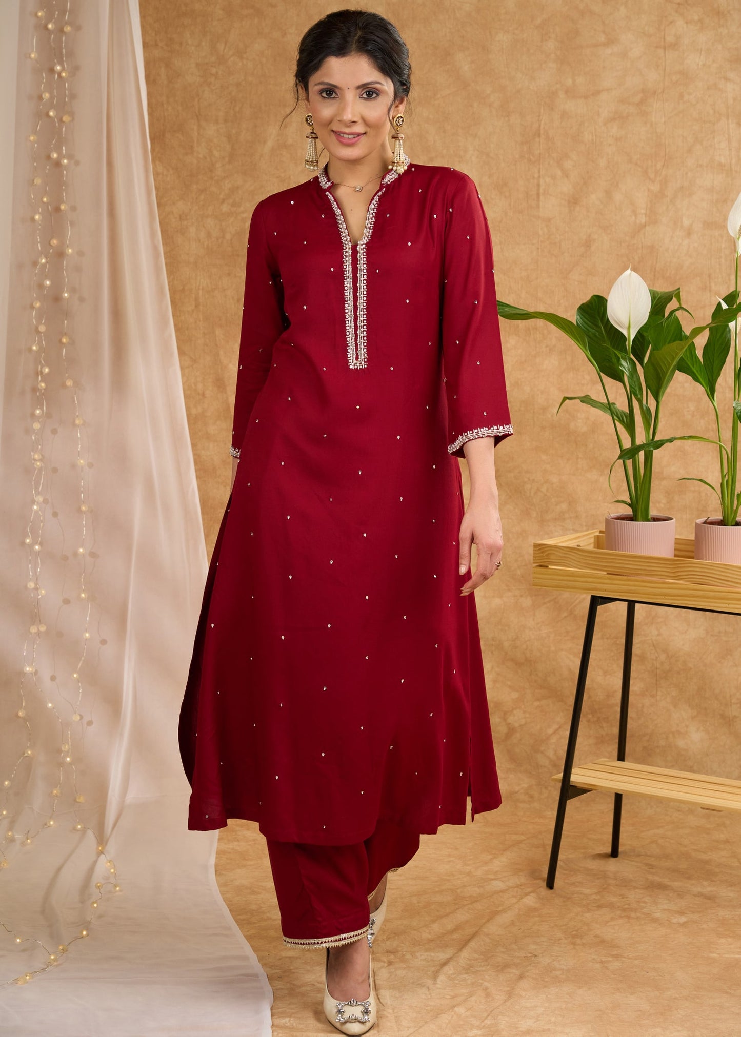 Elegant rayon kurta meticulously crafted with vibrant hand embroidered glass beads Pant optional