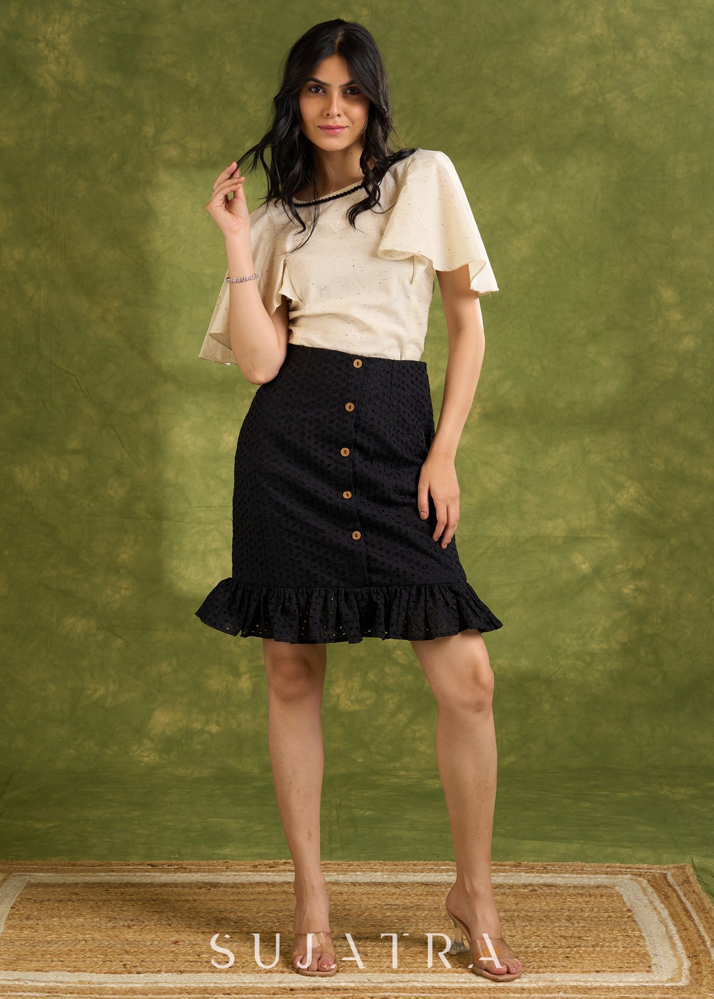 Textured Off White Cotton Top With Butterfly Sleeves  - Hakoba Skirt Optional