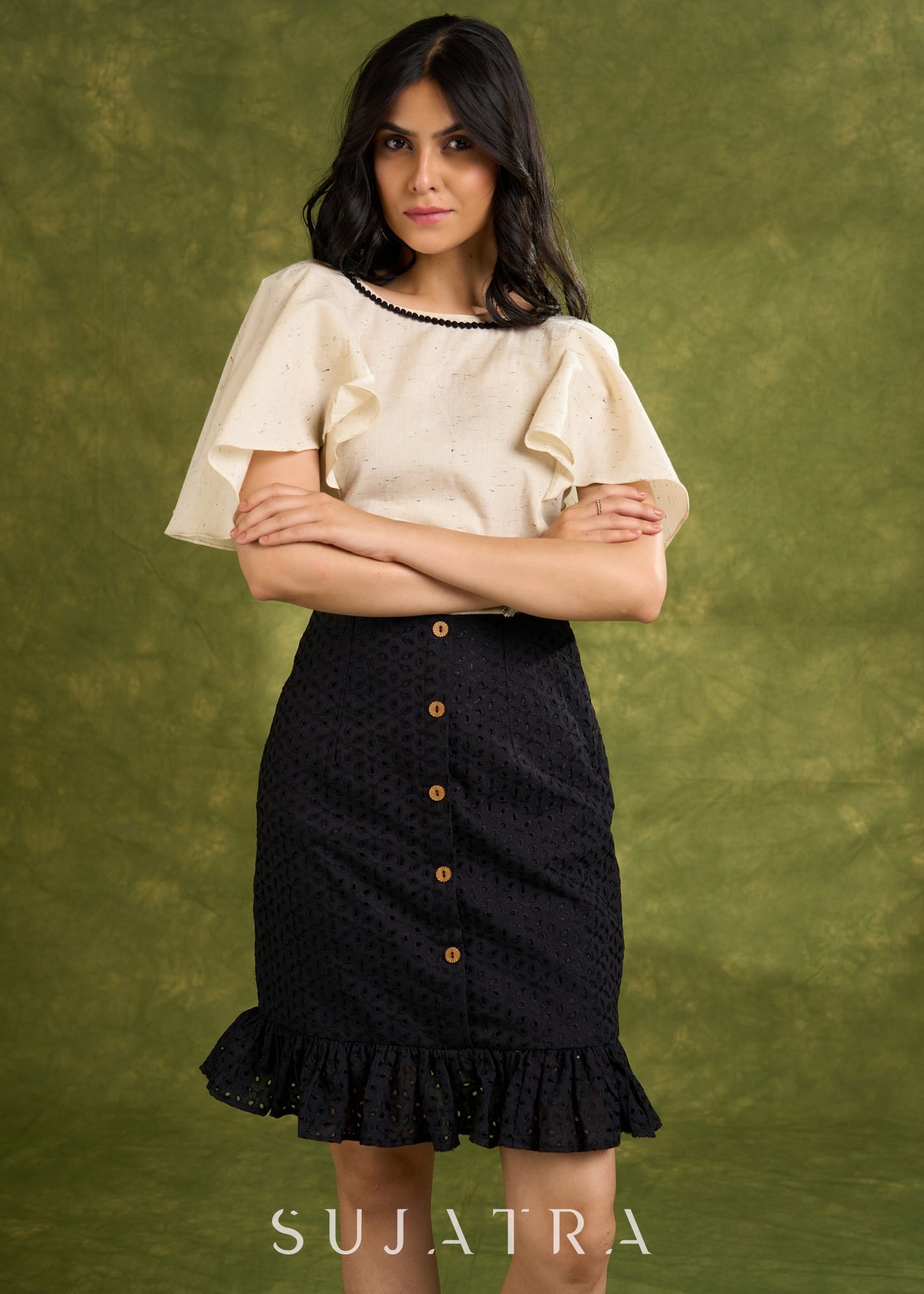 Textured Off White Cotton Top With Butterfly Sleeves  - Hakoba Skirt Optional