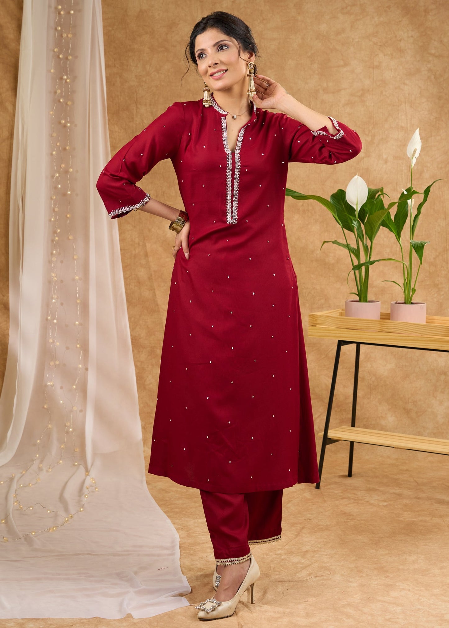 Elegant rayon kurta meticulously crafted with vibrant hand embroidered glass beads Pant optional