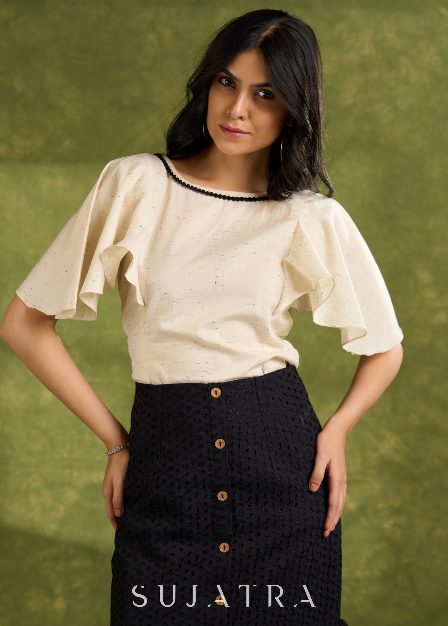 Textured Off White Cotton Top With Butterfly Sleeves  - Hakoba Skirt Optional