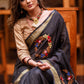 Exclusive black pure linen saree with hand embroidery