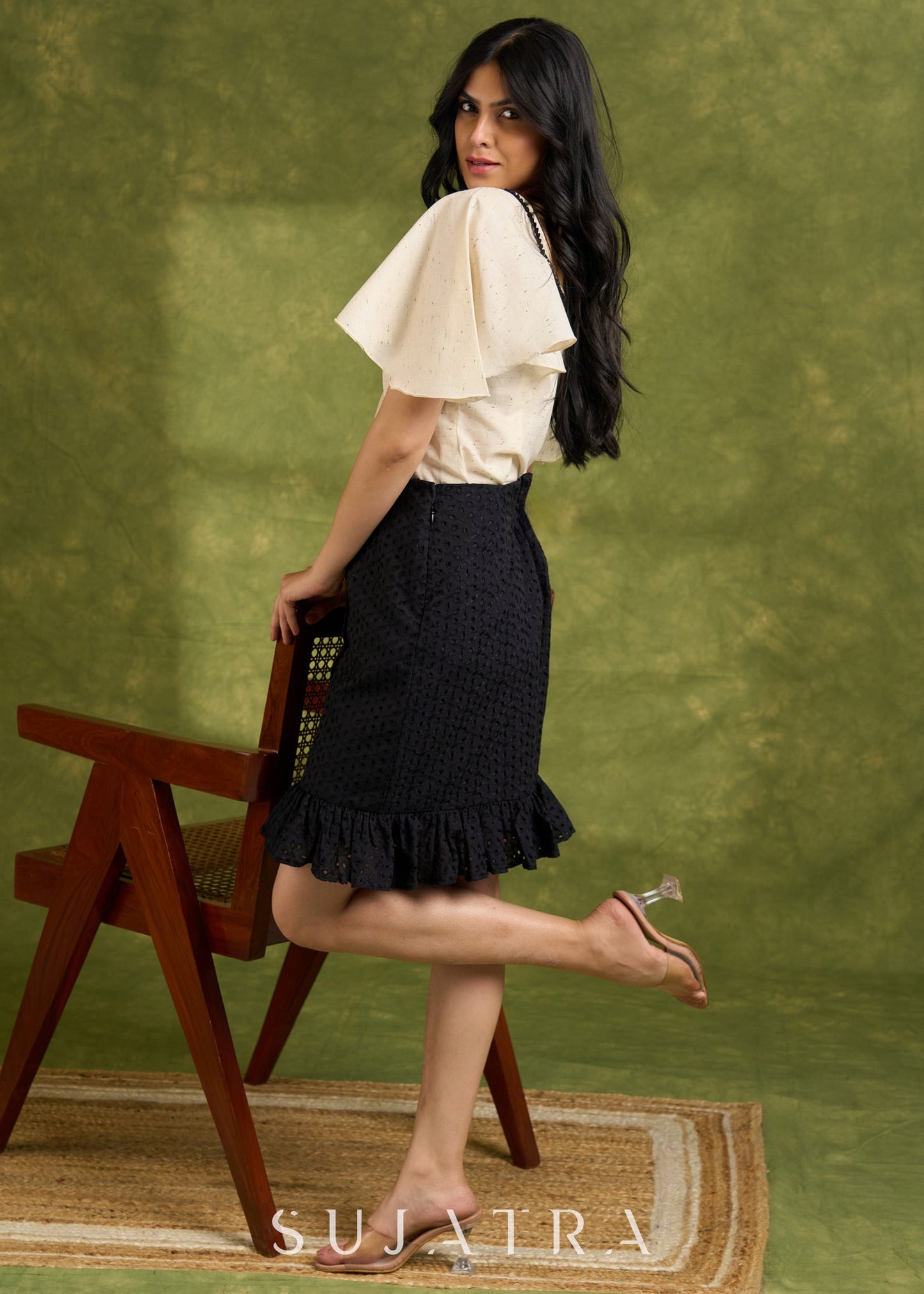 Textured Off White Cotton Top With Butterfly Sleeves  - Hakoba Skirt Optional