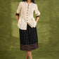 Beige Cotton Pleated Top With Pin Tucked Yoke ,Wooden Buttons And Contrasting Cuff - Skirt Optional