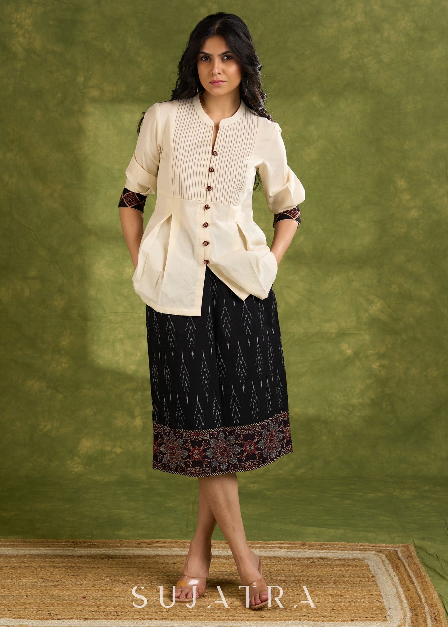 Beige Cotton Pleated Top With Pin Tucked Yoke ,Wooden Buttons And Contrasting Cuff - Skirt Optional