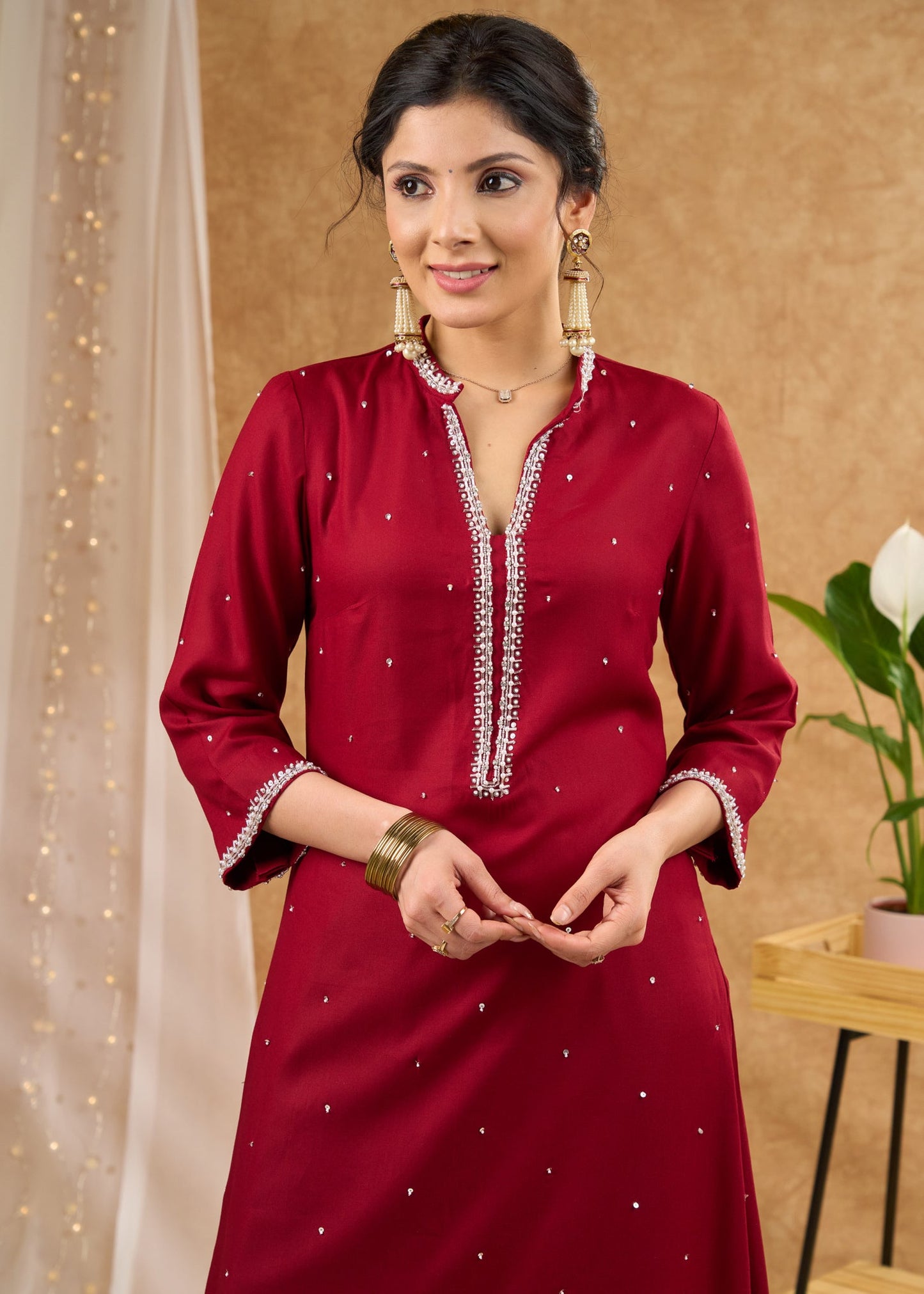 Elegant rayon kurta meticulously crafted with vibrant hand embroidered glass beads Pant optional