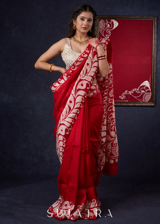 Classy Pure Silk Red saree with Hand Batik Alpana design