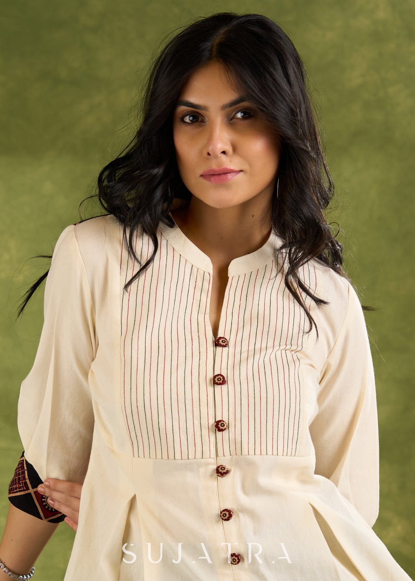 Beige Cotton Pleated Top With Pin Tucked Yoke ,Wooden Buttons And Contrasting Cuff - Skirt Optional