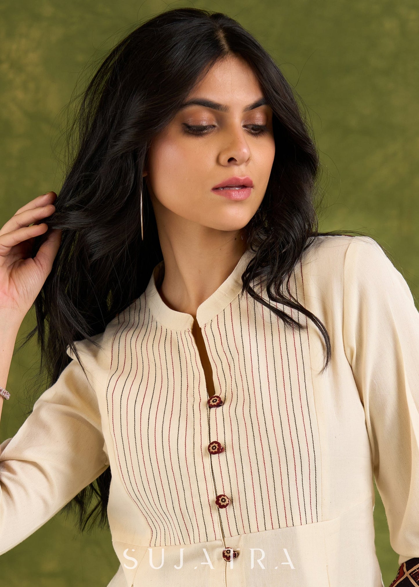 Beige Cotton Pleated Top With Pin Tucked Yoke ,Wooden Buttons And Contrasting Cuff - Skirt Optional