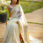 Exclusive beige  pure linen saree with intricate embroidery & mirror work embellishments