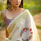 Exclusive beige  pure linen saree with intricate embroidery & mirror work embellishments