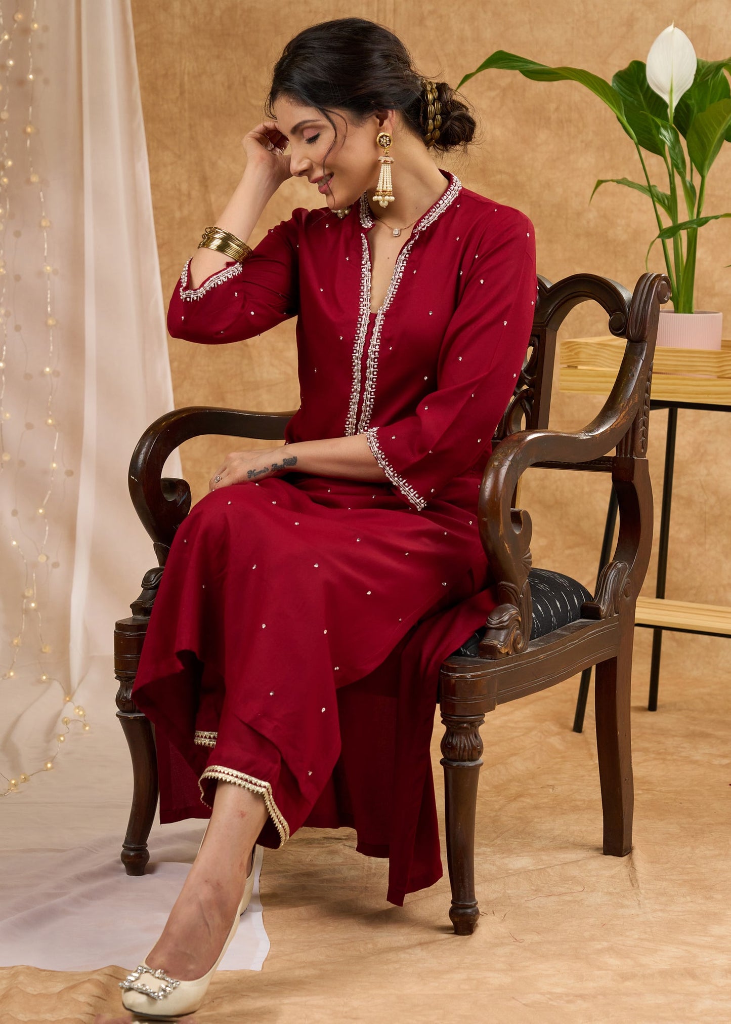 Elegant rayon kurta meticulously crafted with vibrant hand embroidered glass beads Pant optional