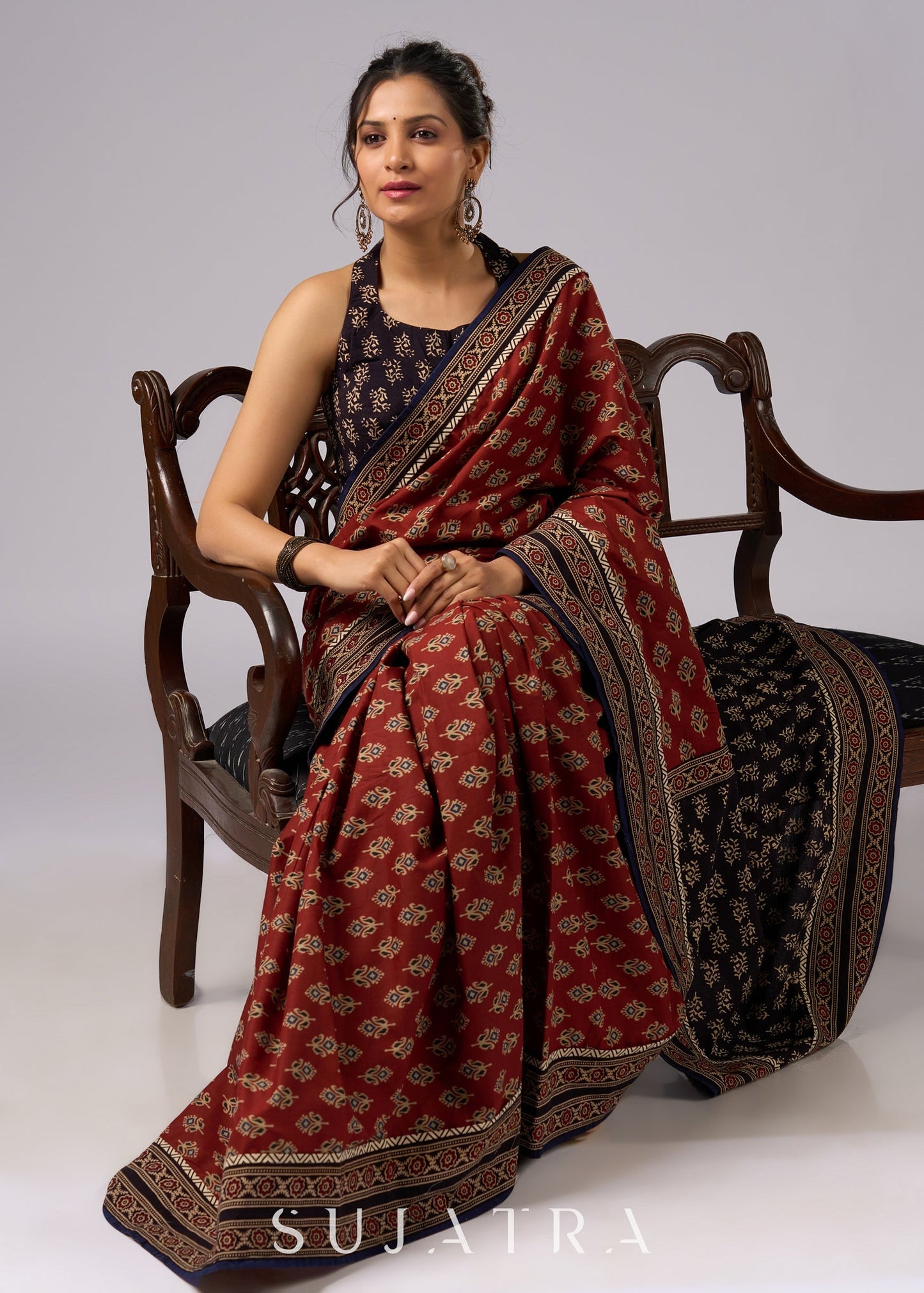 Exclusive brown printed combination saree with Ajrakh border