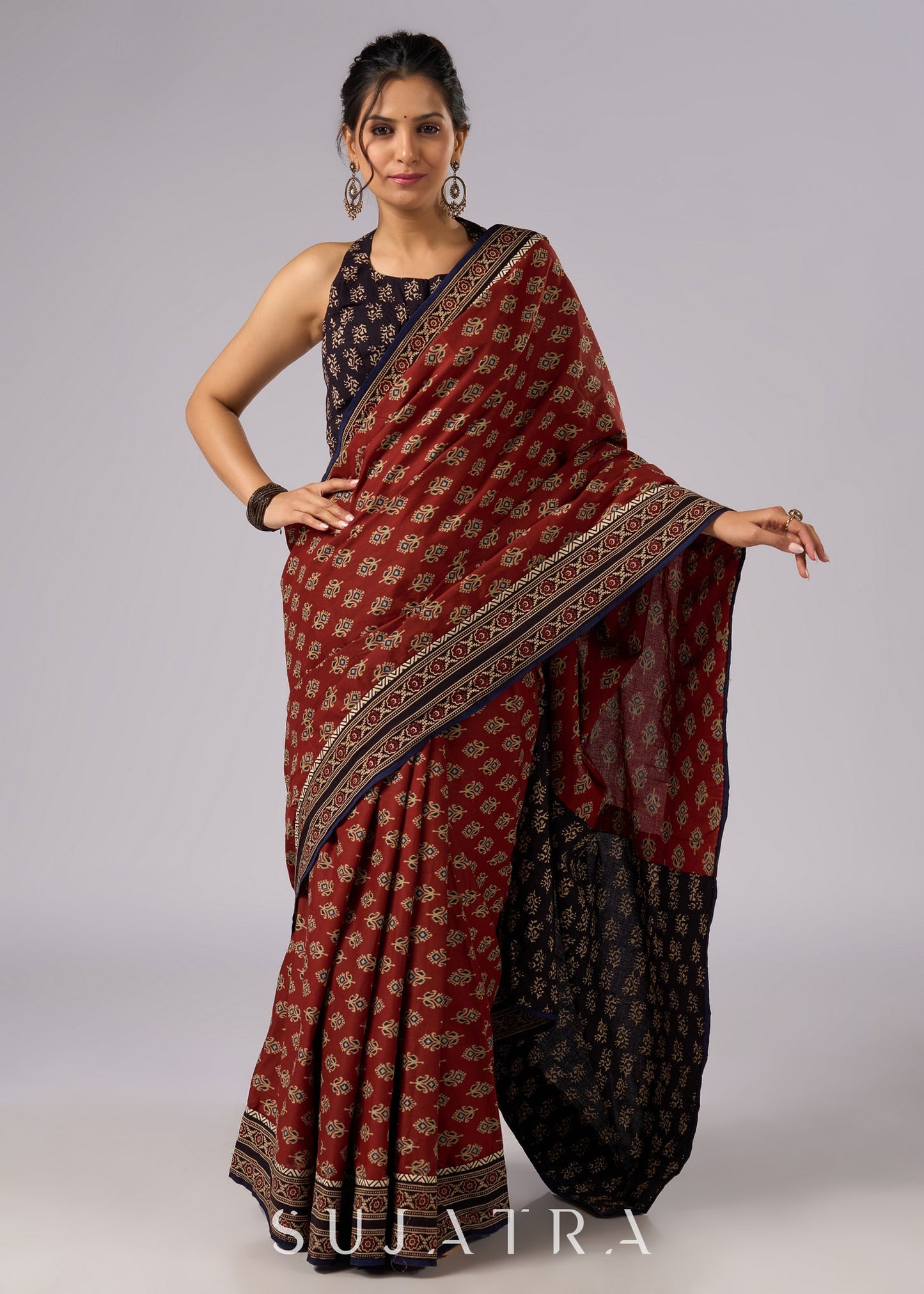 Exclusive brown printed combination saree with Ajrakh border