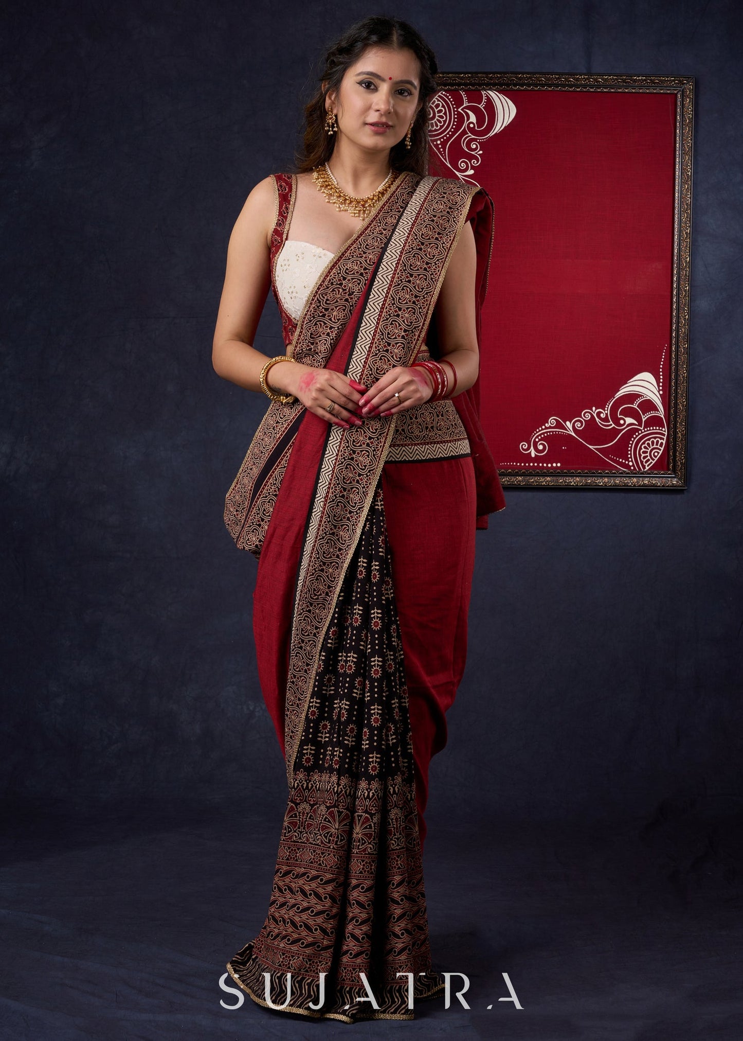 Graceful Cotton Ajrakh Saree with Maroon Pallu & Beautiful Ajrakh Border