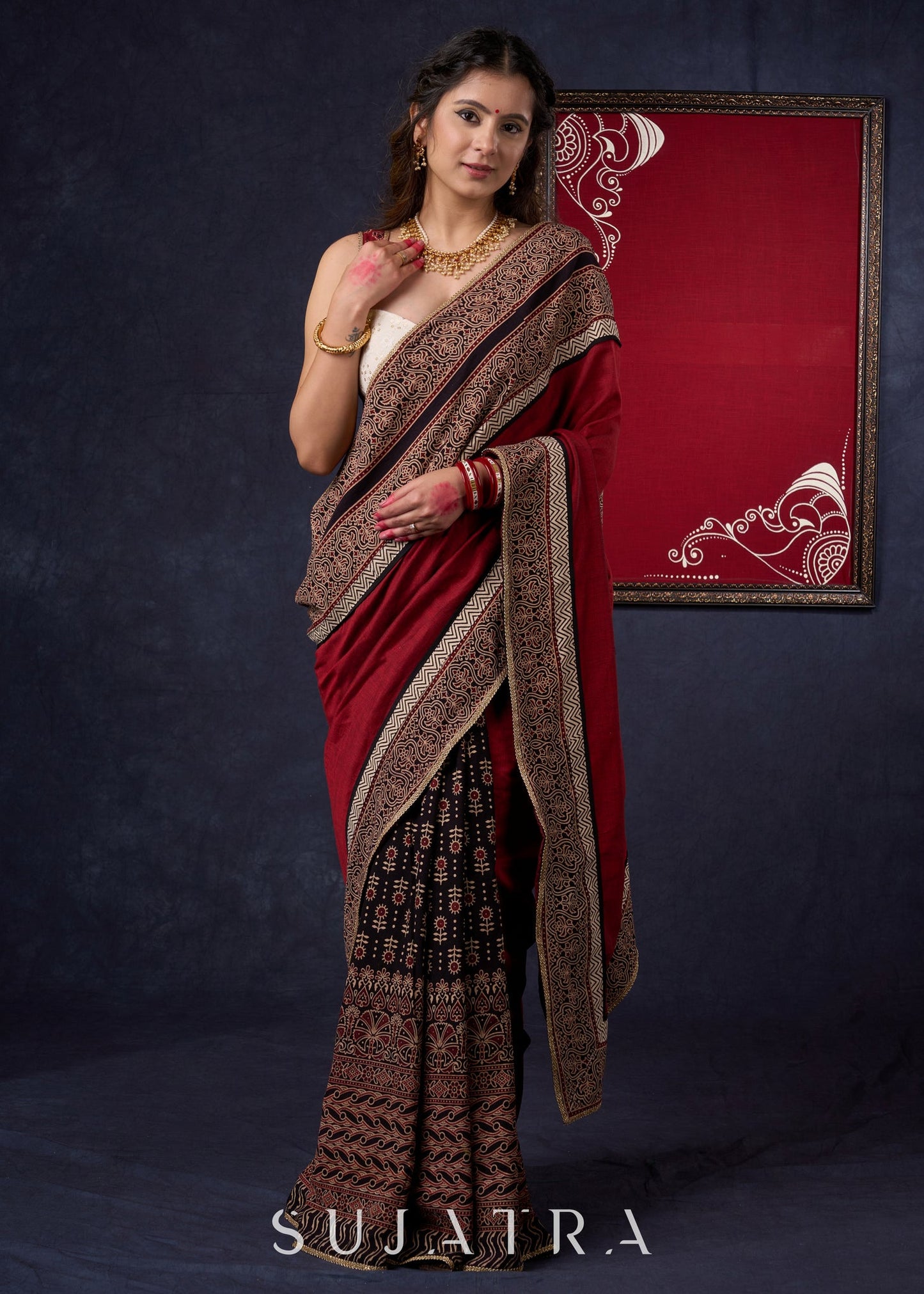 Graceful Cotton Ajrakh Saree with Maroon Pallu & Beautiful Ajrakh Border