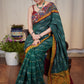 Elegant green Ikaat cotton saree with exclusive hand painted Kalamkari border