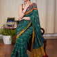 Elegant green Ikaat cotton saree with exclusive hand painted Kalamkari border