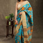 Stylish pure Tussar silk blue saree with Kalamkari design