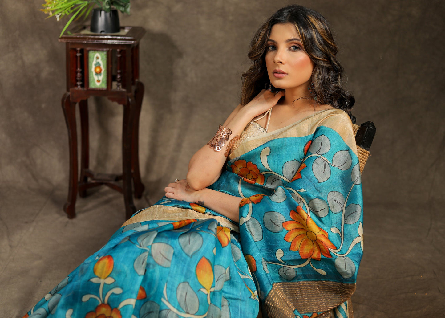 Stylish pure Tussar silk blue saree with Kalamkari design