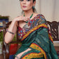 Elegant green Ikaat cotton saree with exclusive hand painted Kalamkari border