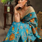 Stylish pure Tussar silk blue saree with Kalamkari design