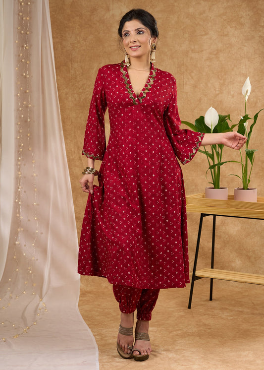 Intricately hand embroidered bandhni printed kurta Pant optional