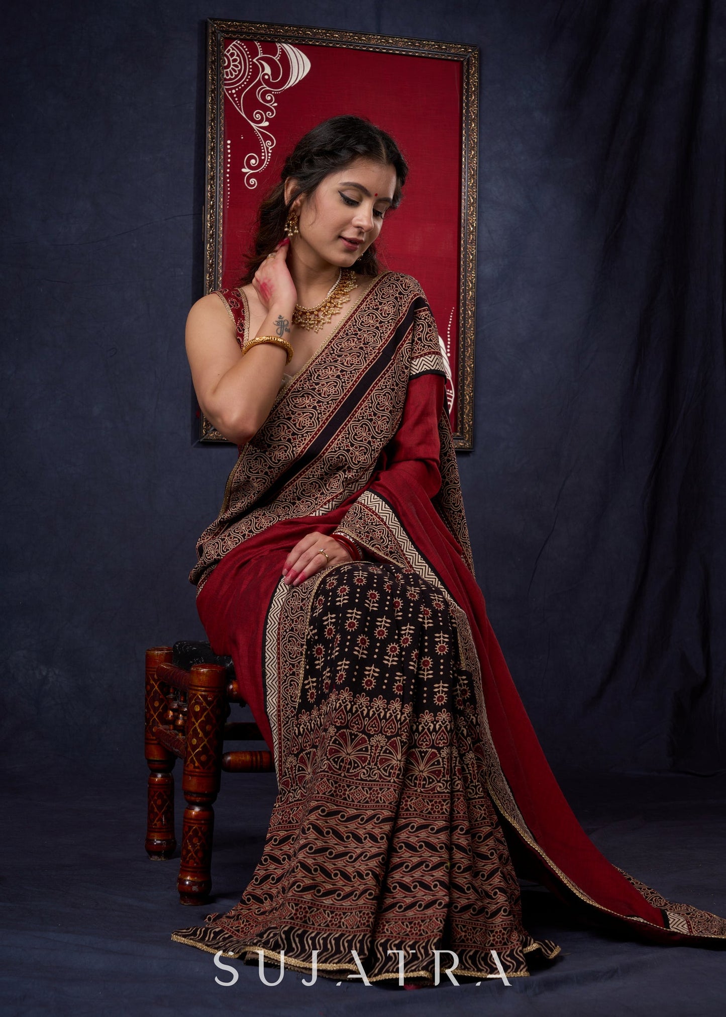 Graceful Cotton Ajrakh Saree with Maroon Pallu & Beautiful Ajrakh Border