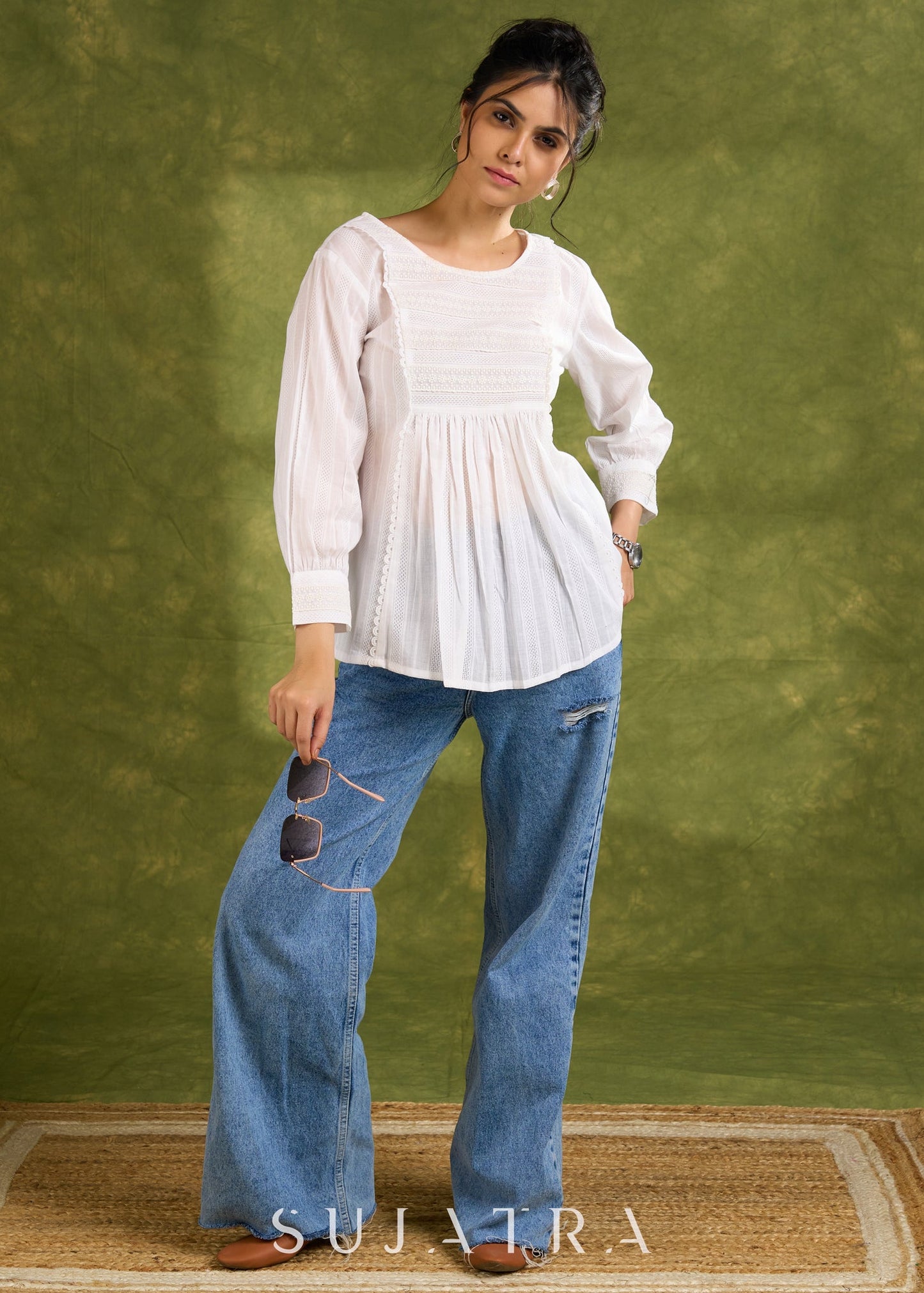 White Cotton Self-Textured Top