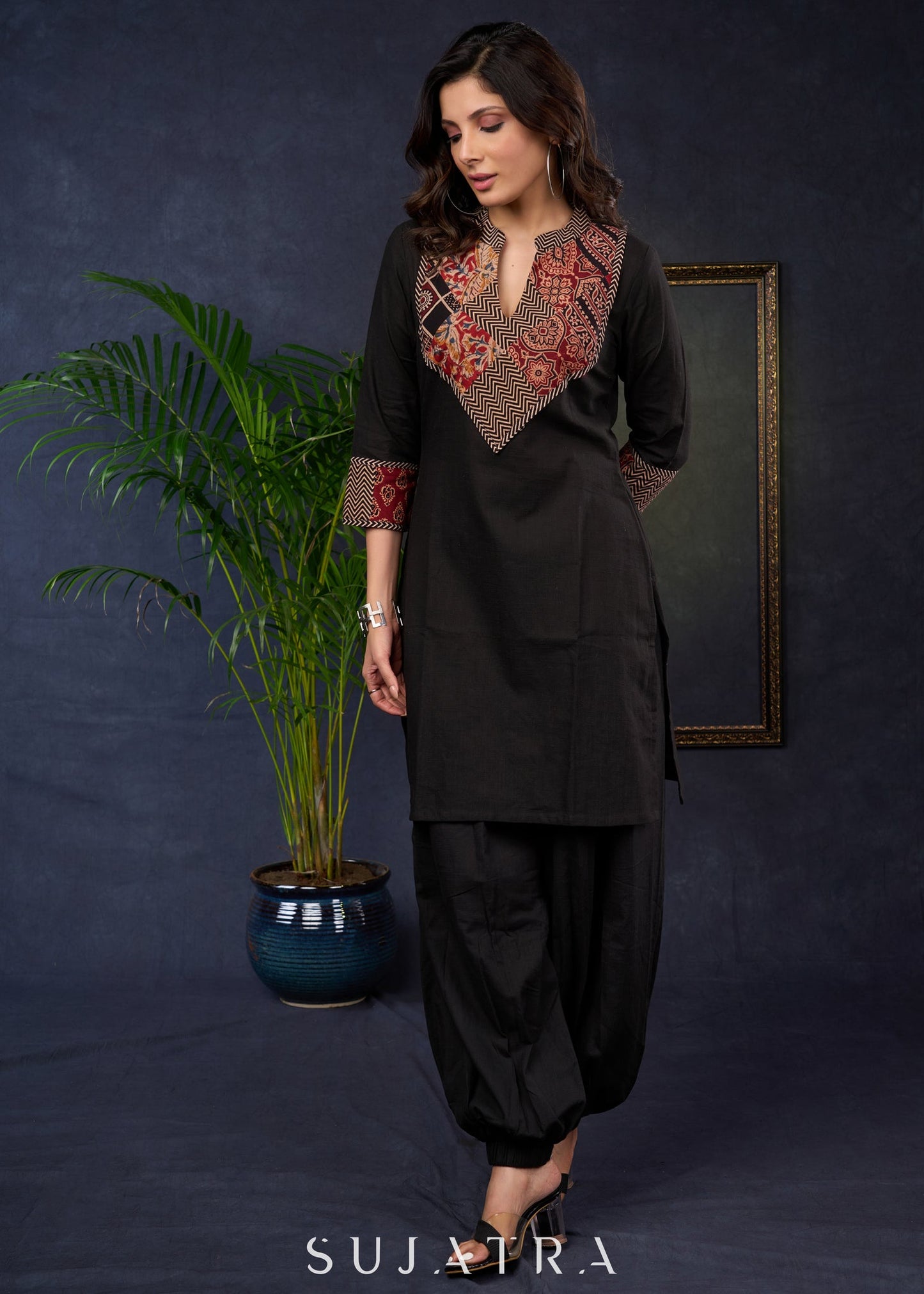 Unique And Stylish Black Tunic With Patchwork Yoke. - Pant Optional