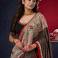 Exclusive Black Ajrakh Cotton Saree with Hand-Painted Madhubani Border Highlighted with Maroon Detailing