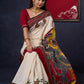 Beautiful Off-white saree with Hand-Painted Madhubani Pallu Highlighted with Ajrakh Border & Painted Floral Motifs