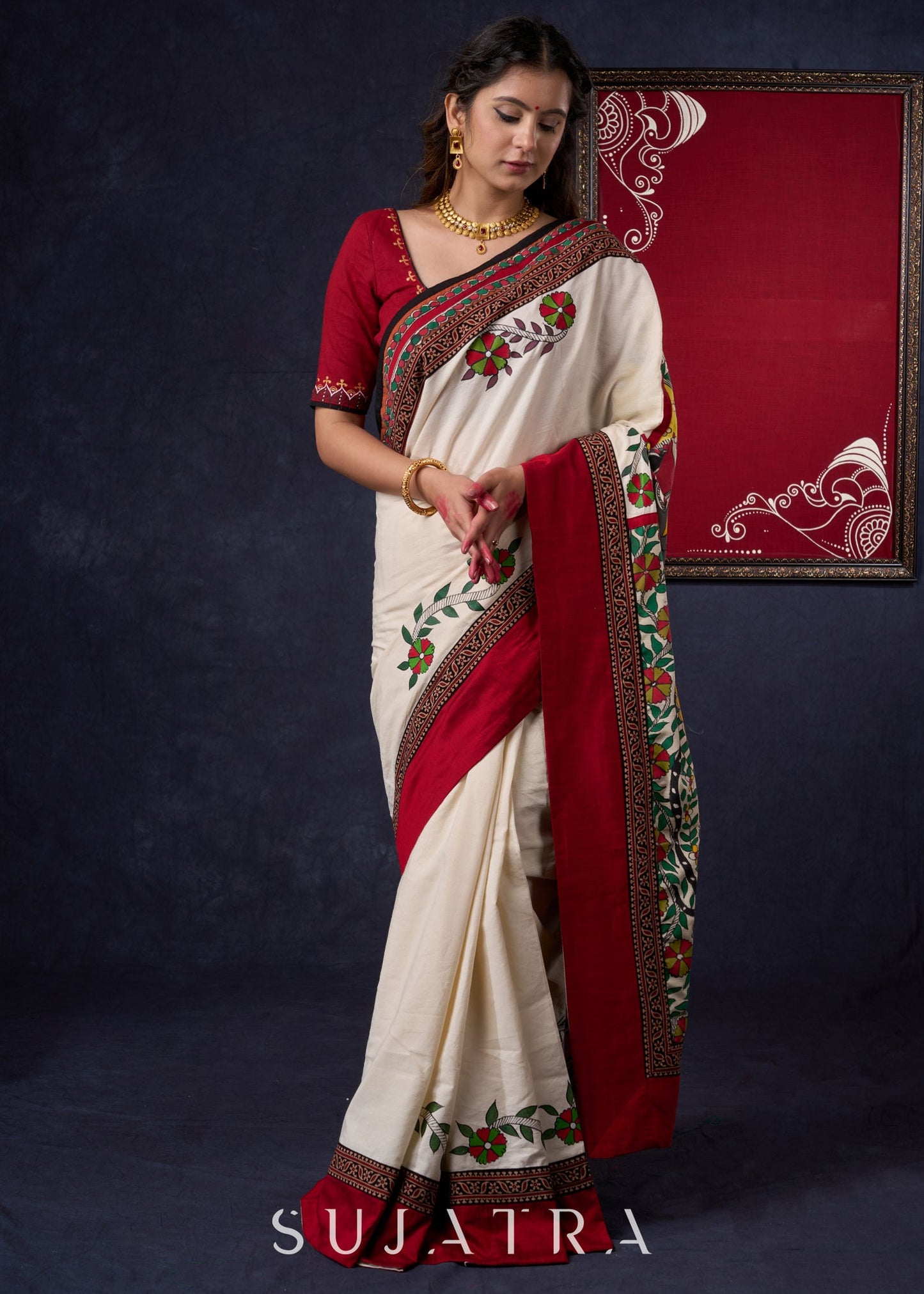 Beautiful Off-white saree with Hand-Painted Madhubani Pallu Highlighted with Ajrakh Border & Painted Floral Motifs