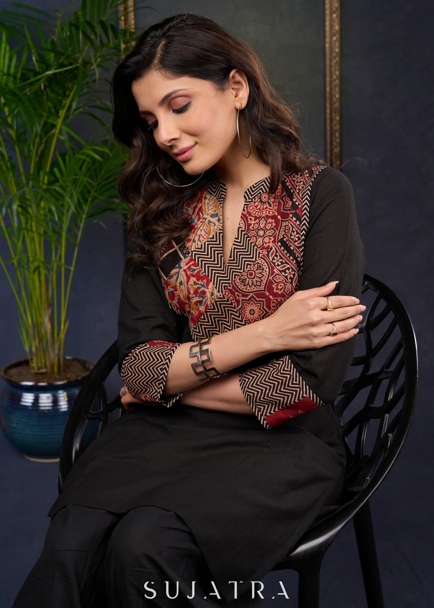 Unique And Stylish Black Tunic With Patchwork Yoke. - Pant Optional