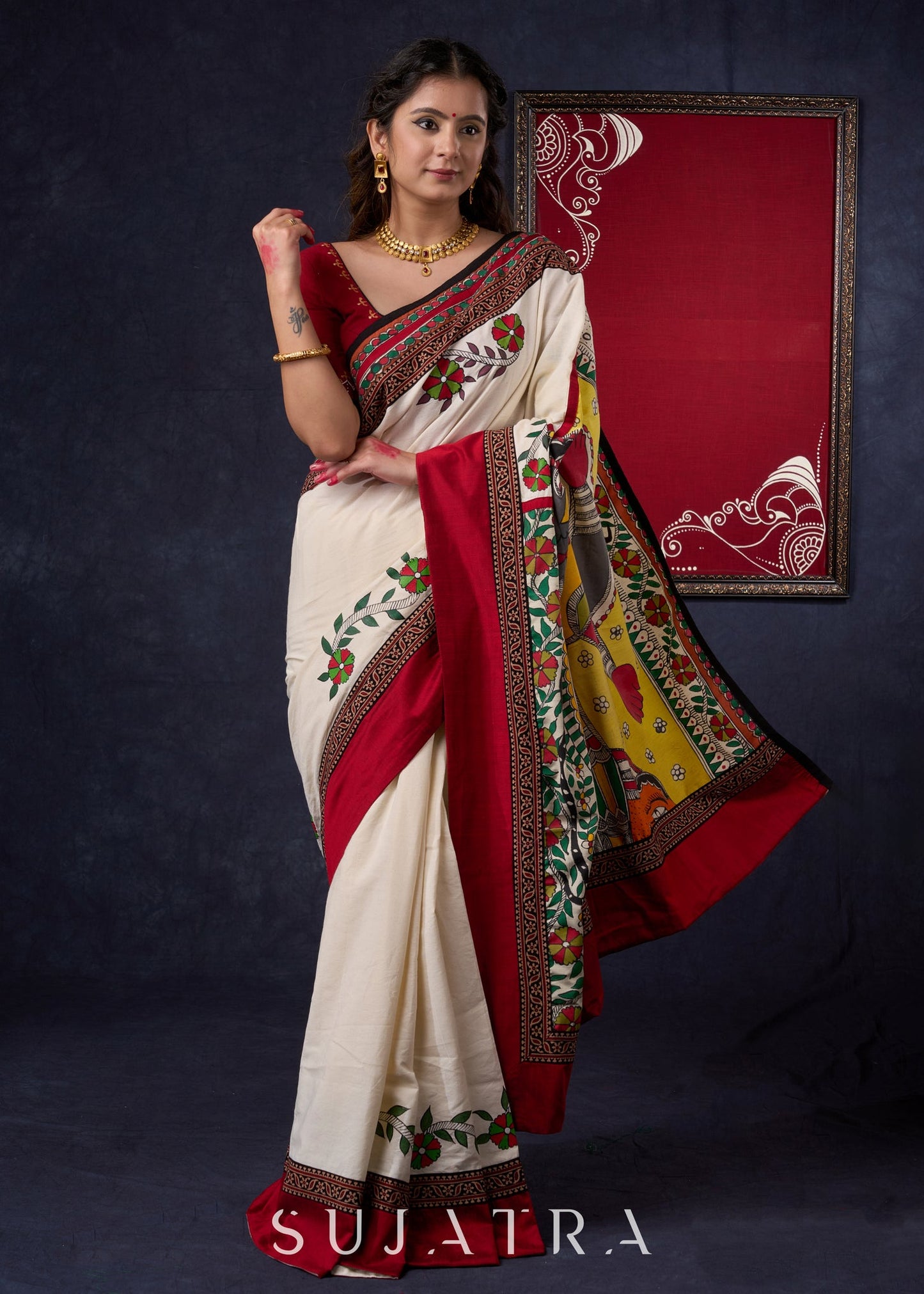 Beautiful Off-white saree with Hand-Painted Madhubani Pallu Highlighted with Ajrakh Border & Painted Floral Motifs