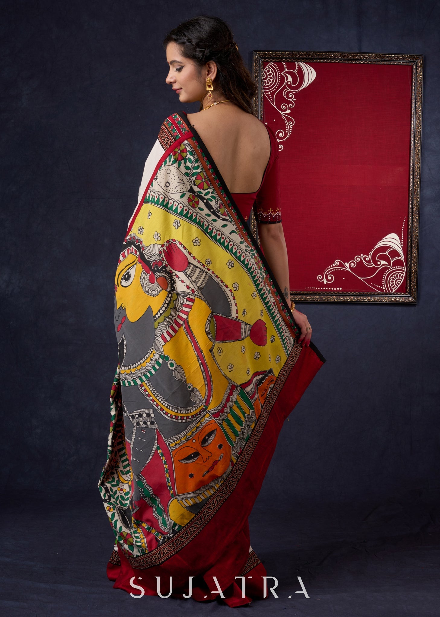 Beautiful Off-white saree with Hand-Painted Madhubani Pallu Highlighted with Ajrakh Border & Painted Floral Motifs