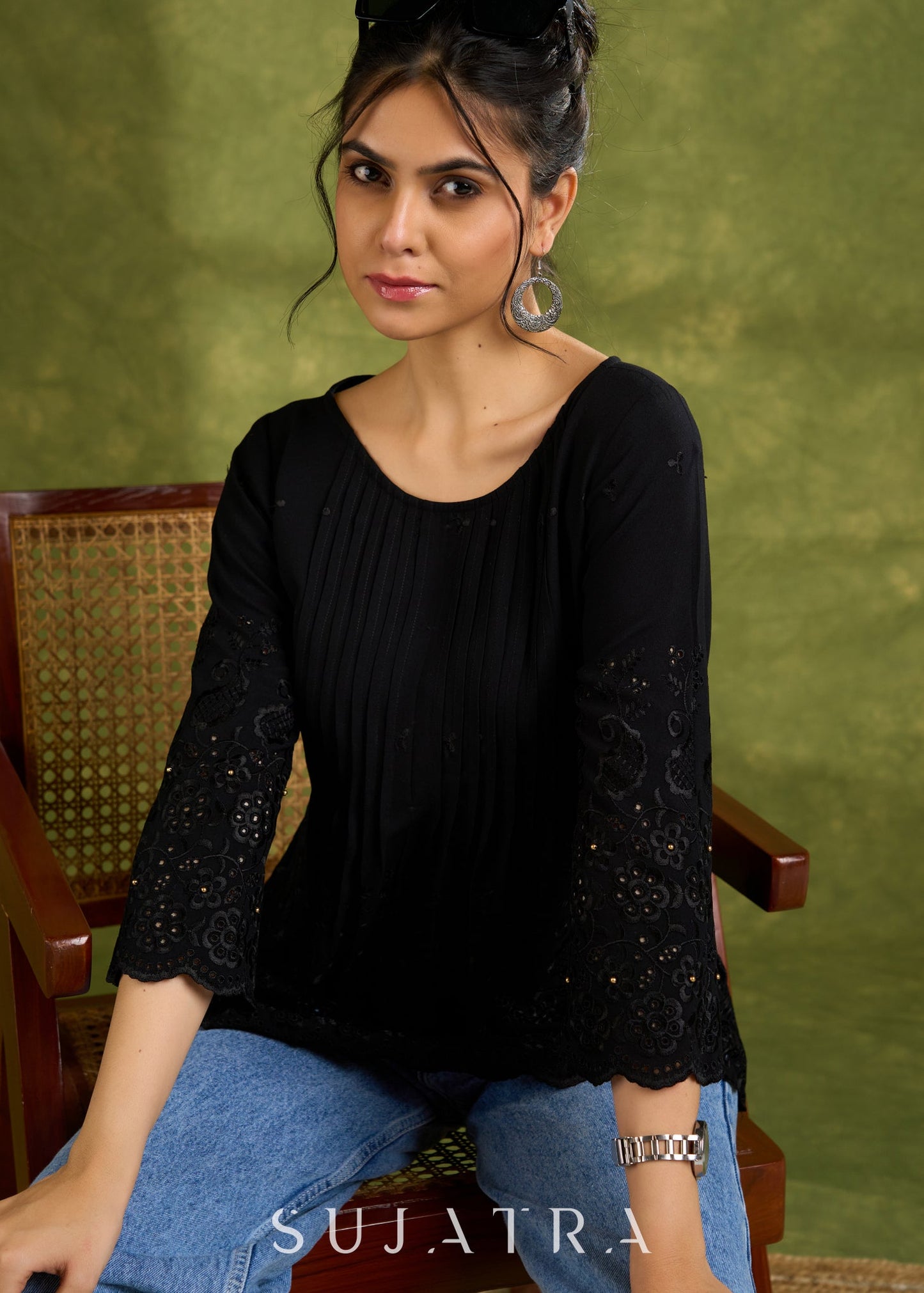 Black Hakoba Cotton Top With A Flared Silhouette, Pin-Tuck Detailing On The Front, And Scallop Sleeves