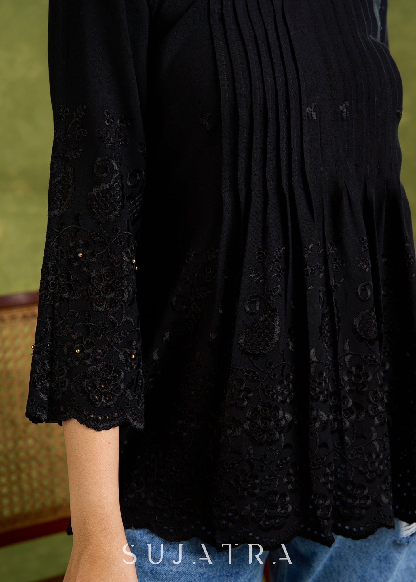 Black Hakoba Cotton Top With A Flared Silhouette, Pin-Tuck Detailing On The Front, And Scallop Sleeves