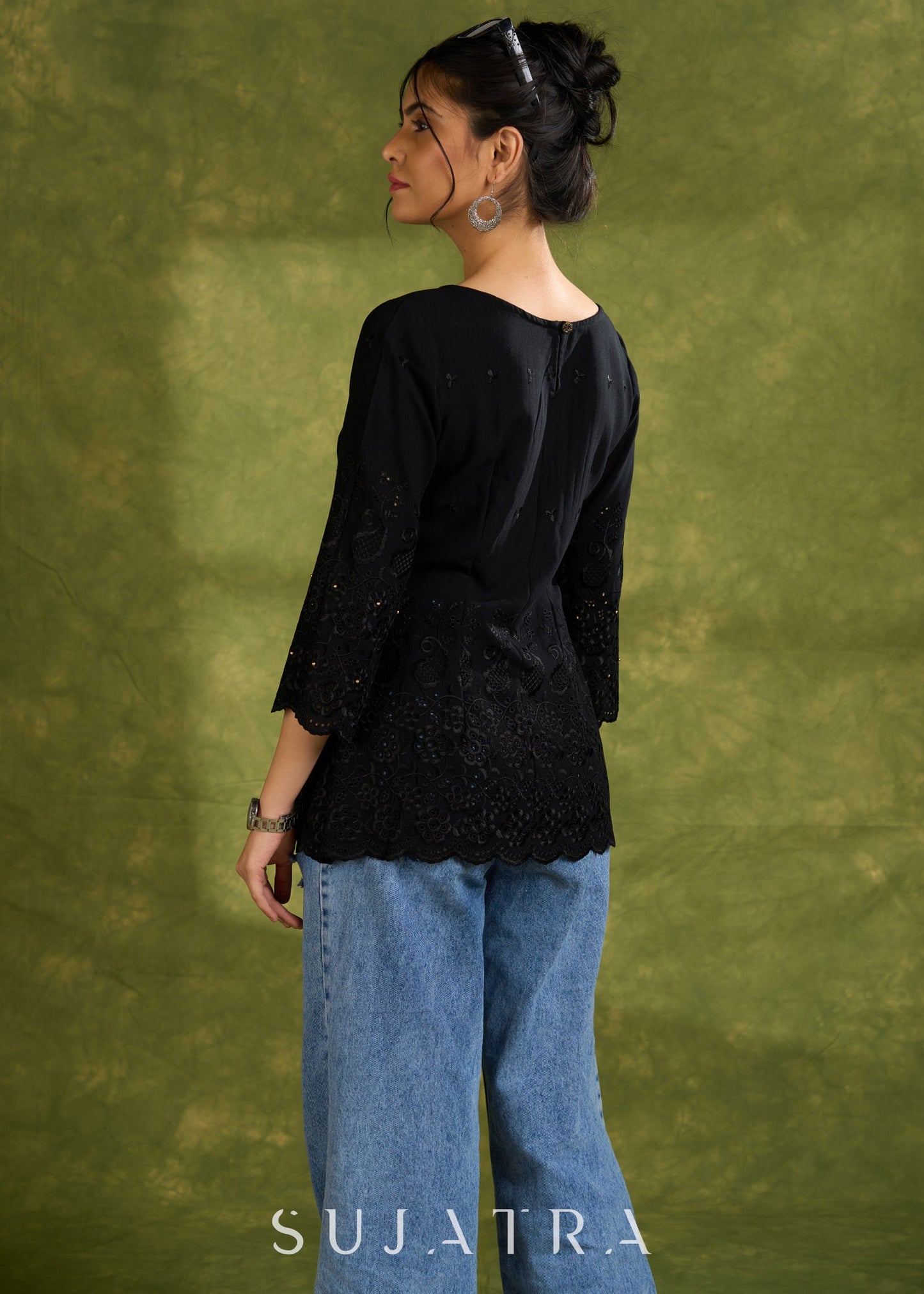 Black Hakoba Cotton Top With A Flared Silhouette, Pin-Tuck Detailing On The Front, And Scallop Sleeves