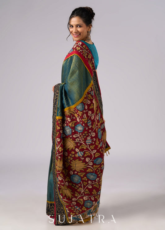 Elegant tissue saree with hand painted Kalamkari pallu