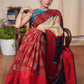 Beige assam silk saree with black , maroon cotton silk and Ajrakh combination border