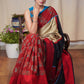 Beige assam silk saree with black , maroon cotton silk and Ajrakh combination border