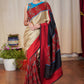 Beige assam silk saree with black , maroon cotton silk and Ajrakh combination border